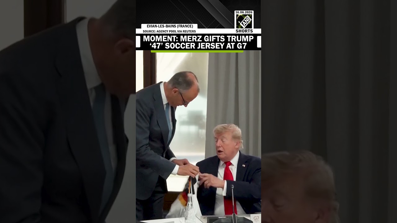 MOMENT: German Chancellor Merz gifts Trump soccer jersey at G7 Summit in Evian