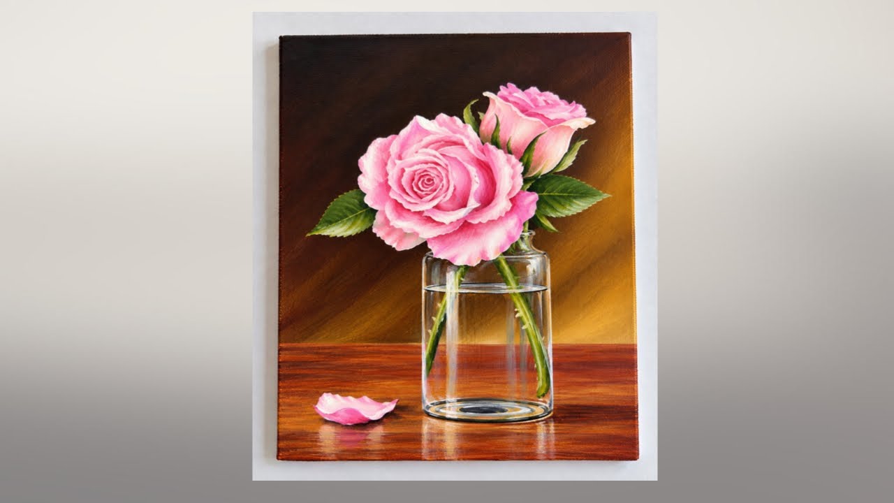 How to paint pink rose in a transparent glass vase/acrylic painting 