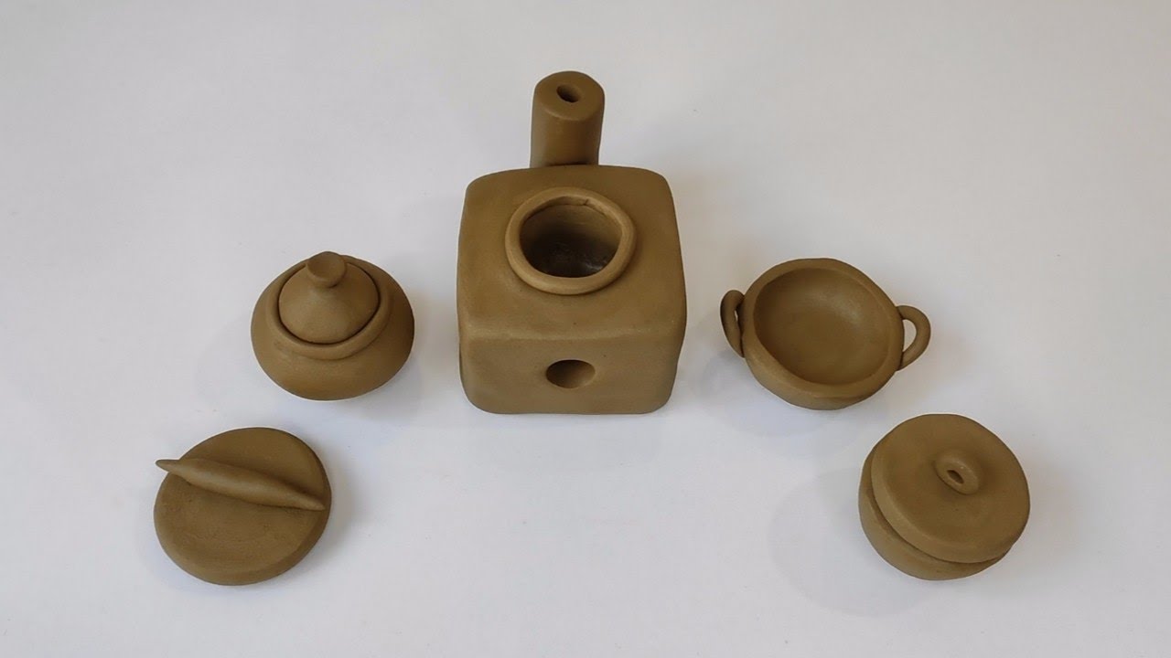 Amazing technique make handmade kitchen set with clay|How to make miniature kitchen set|Cookware set