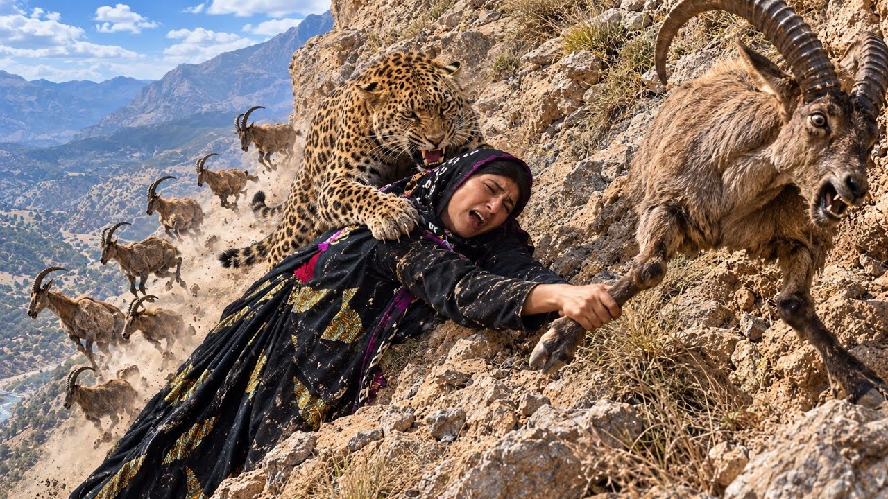 😱 Sudden Leopard Attack on a Nomadic Woman in the Mountains! Will She Let Go of the Mountain Goat? 🐆