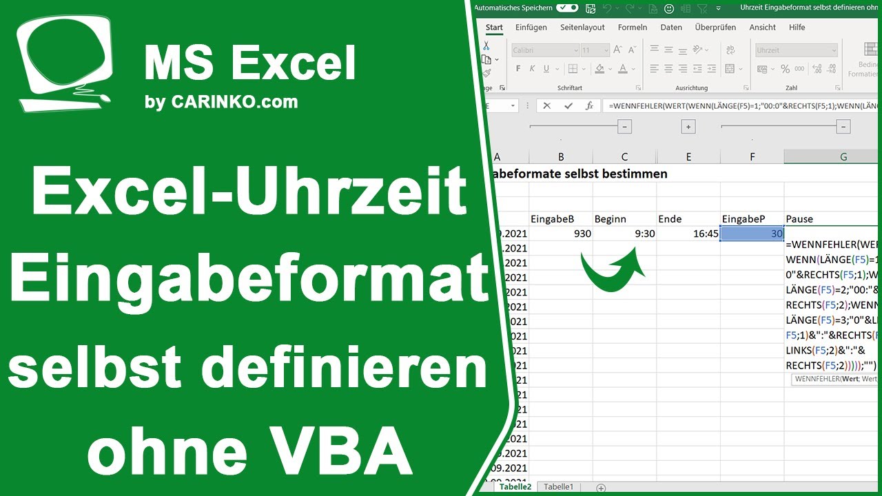 Uhrzeit Eingabeformat selbst definieren - ohne Doppelpunkteingabe - ohne VBA - carinko.com