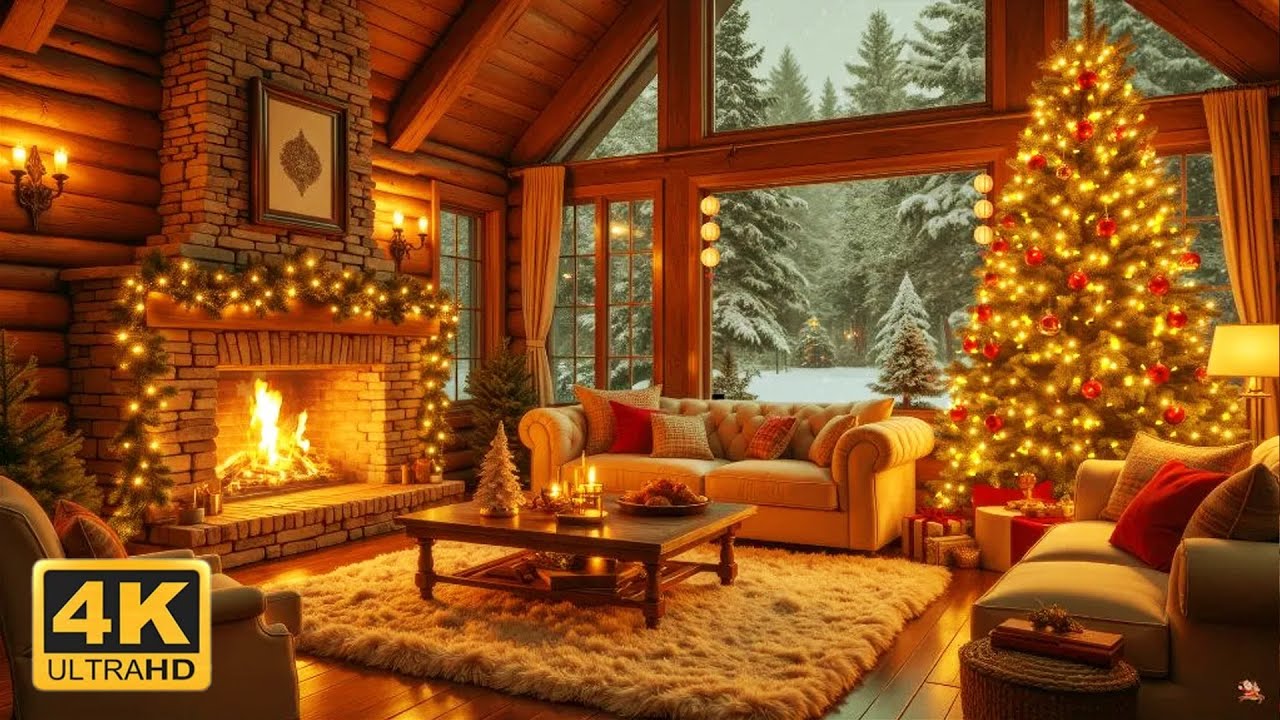 Beautiful Christmas Music With Fireplace 🎄 | Relaxing Holiday Ambiance in Cozy Cabin | 4K UHD