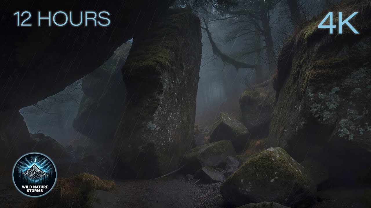 Stoneveil Passage | 12 Hours of Night Rain, Mossy Boulders & Deep Forest Ambience