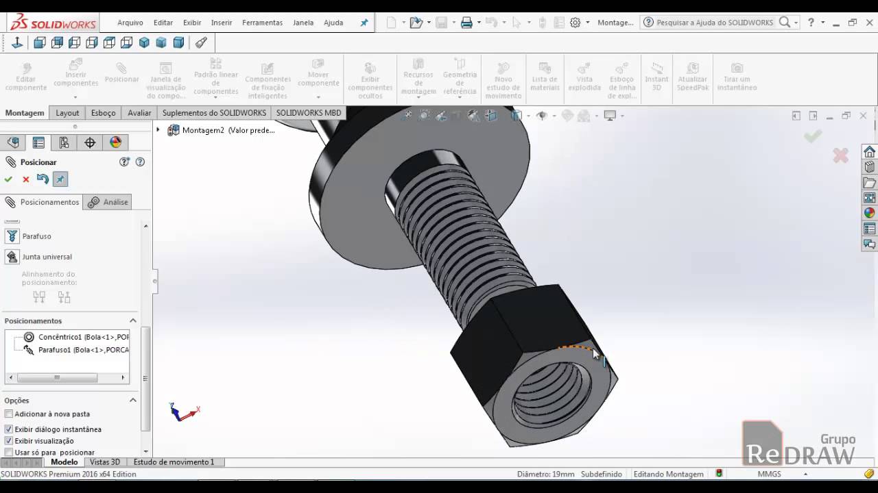 Como fazer posicionamento de parafuso e porca montagem - SolidWorks