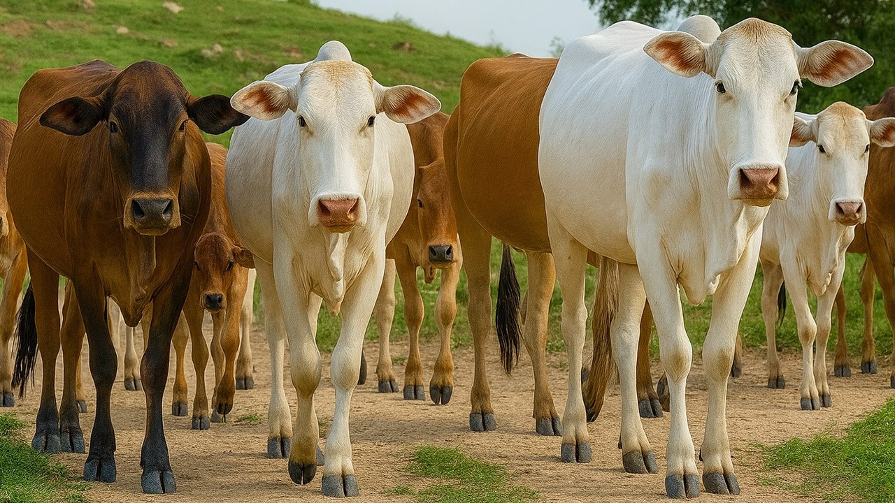 Gembala sapi lembu berjalan di jalan desa menuju kandang peternakan sapi, Suara Sapi Moo