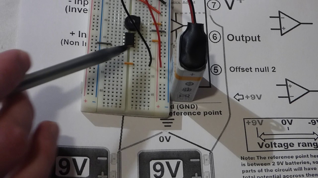 741 op amp connecting pins 4 and 7 to split 9V batteries
