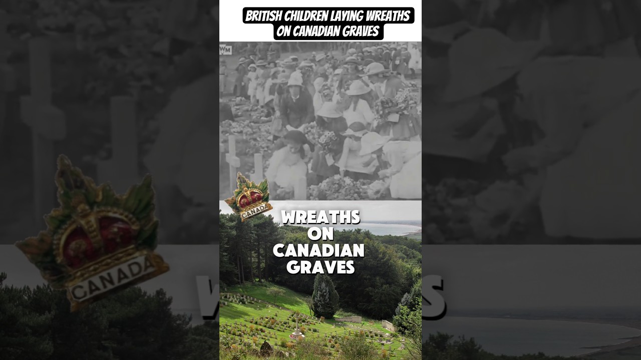Footage of local children laying wreaths on Canadian graves, probably filmed Canada Day Jul 1 1918