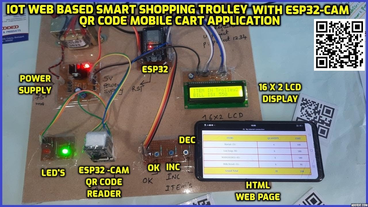 IoT Web based Smart Shopping🛒Trolley with ESP32-CAM QR Code Mobile📱Cart Application