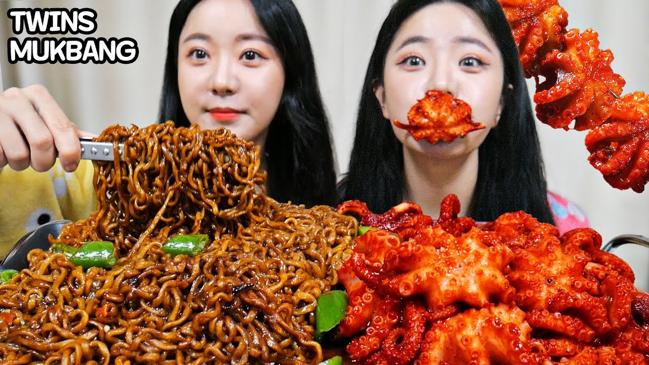쌍둥이언니와 짜파게티 4봉 & 핵매운!!🔥 대왕 쭈꾸미🐙 먹방｜TWINS black bean boodle mukbang