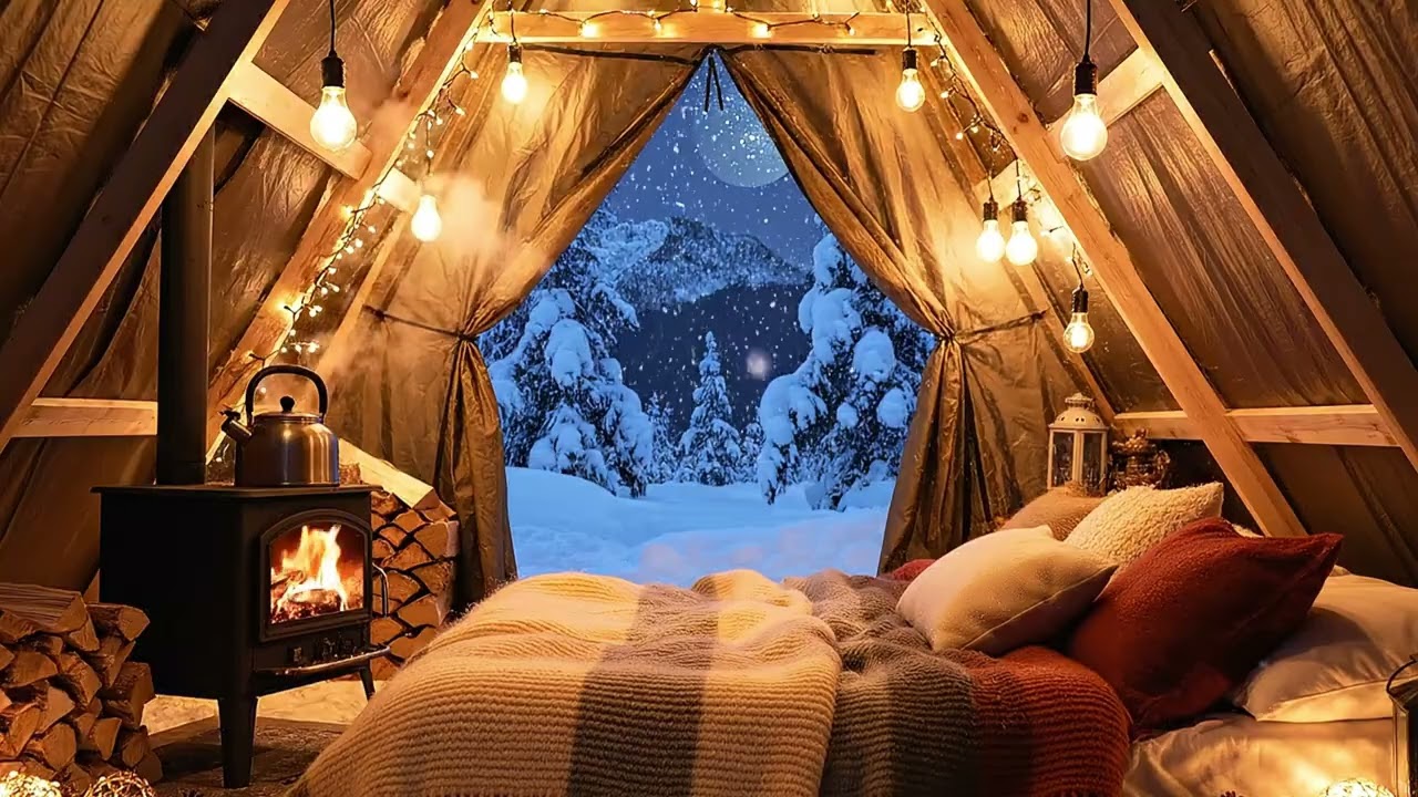 Inside a Winter Camp Tent While Snow Falls ❄️ Relaxing ASMR