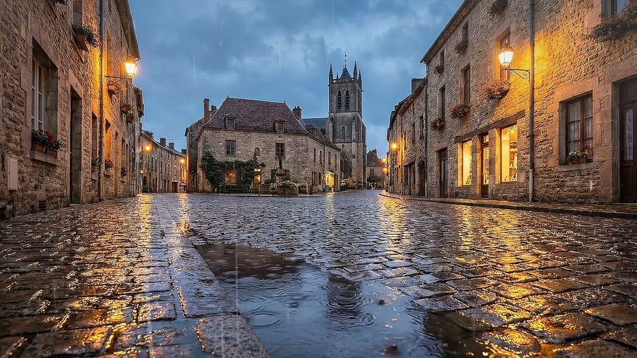 Cozy Rainy Night in an Old European Village 🌧️ | ASMR Cobblestone Reflections & Rainfall | 10 Hours