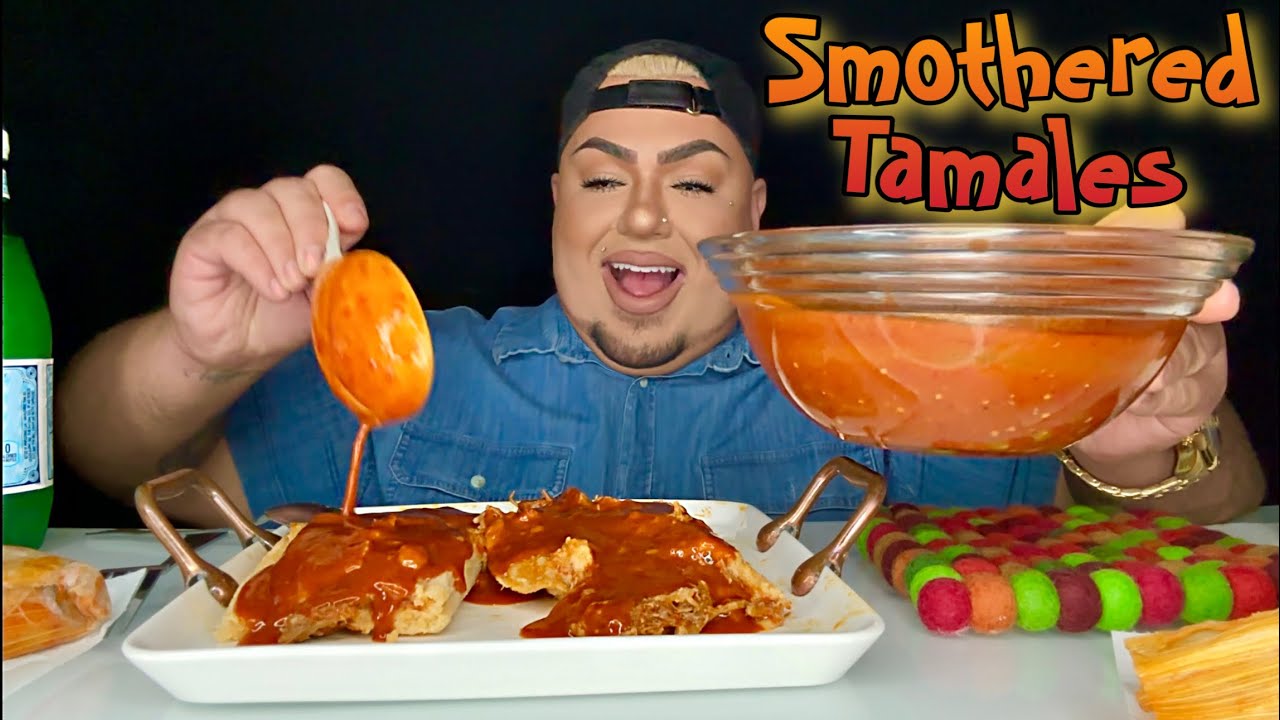 KING SIZE Tamales Smothered in Red Sauce • Mexican Food Mukbang