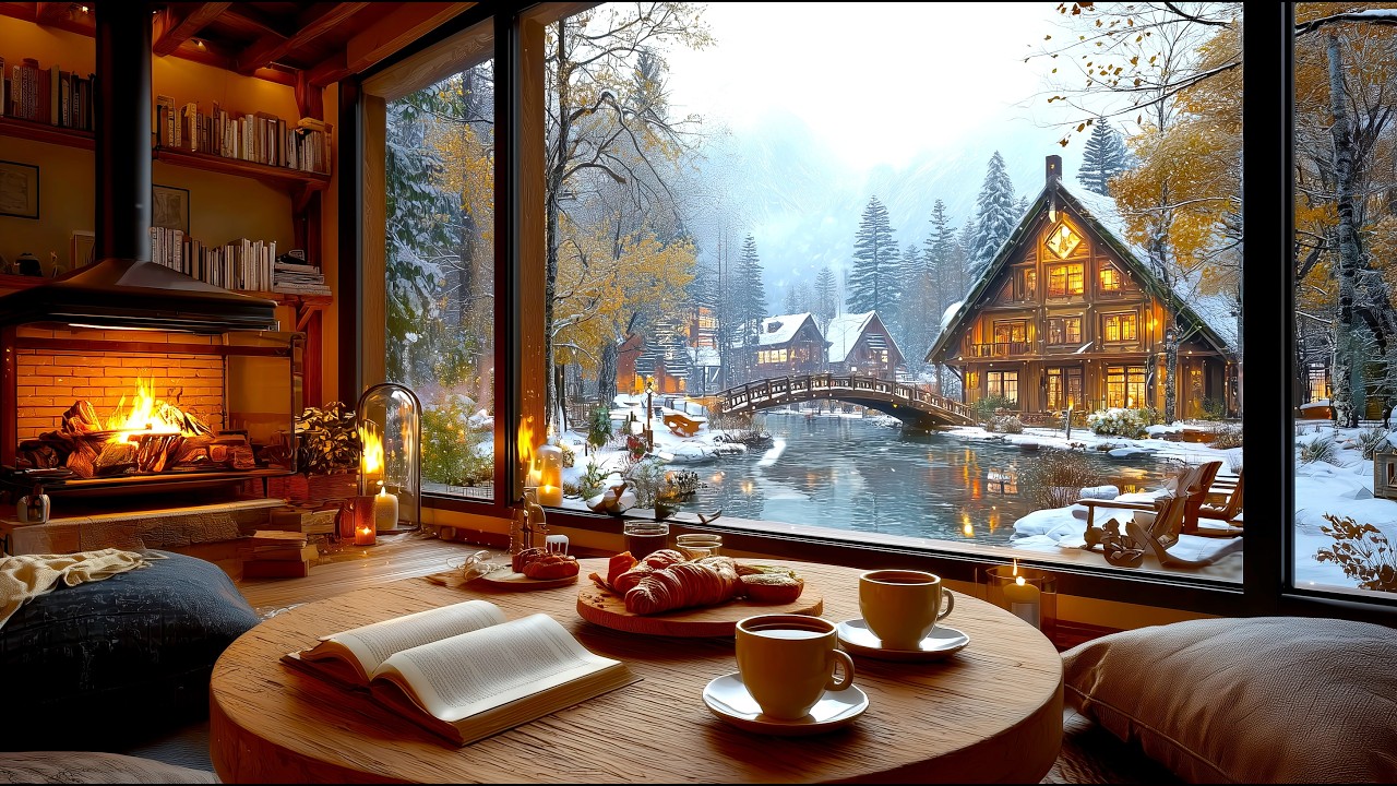 Relaxing Jazz Piano with Snowy River View | Cozy Winter Cabin for Study & Work