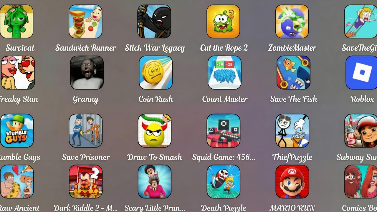 Roblox,Grimace Monster Scary Survival,Hill Climb 2,Freaky Stan,Kick The Buddy,Survival Story Round 6