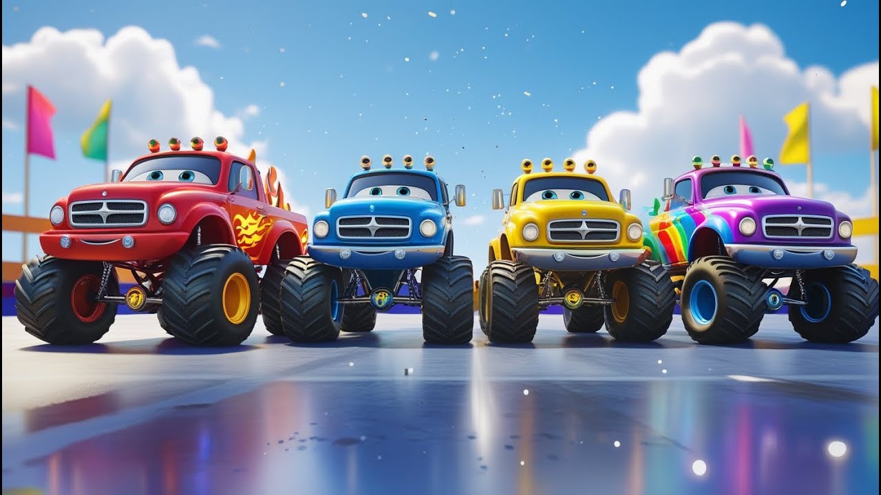 🌞🎵 Monster Truck Color Battle 🌸 | Bright, Cheerful Songs to Light Up Your Day! 🎈🌼