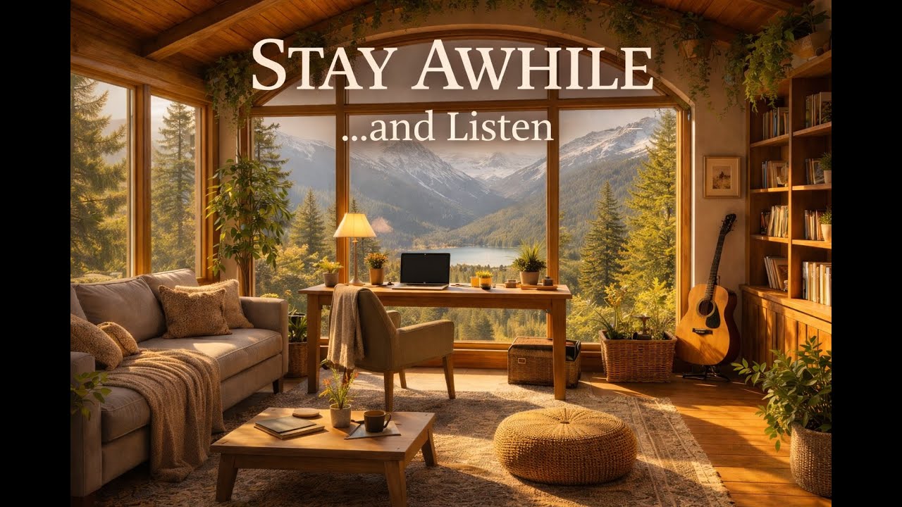 Stay Awhile …and Listen | Cozy Daytime Cabin Office Ambience | Acoustic Guitar for Focus (2+ Hours)