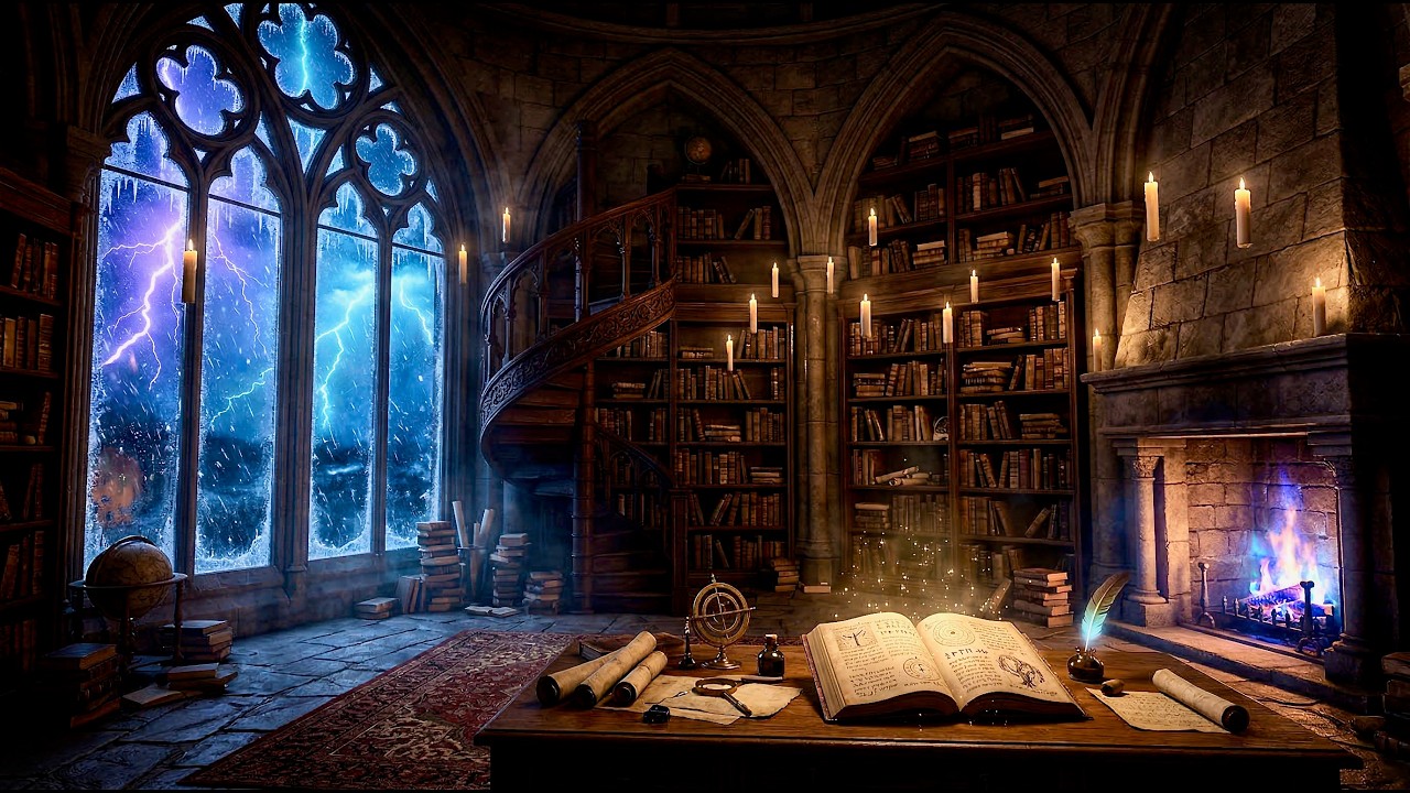 Wizard Tower Library Ambience ✨ Magical Fireplace, Snow Storm & Floating Candles