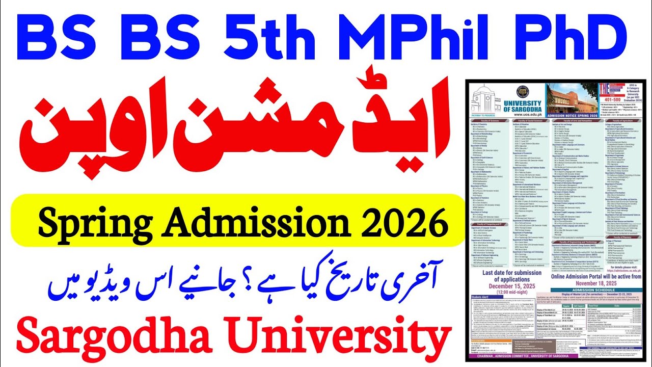 BS 1st, BS 5th Intake, MPhil, PhD & Pharm‑D | Sargodha University Spring 2026 Admission