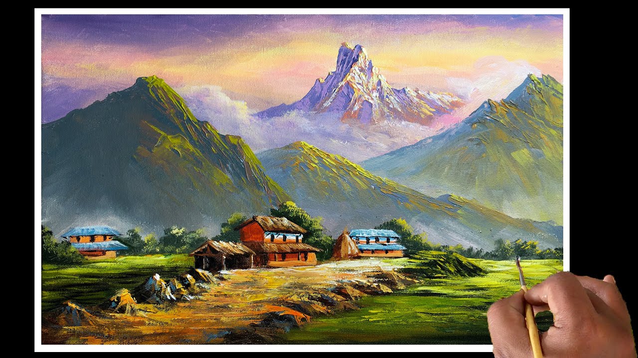 Nepali Painting | Beautiful Nepali Village Landscape Painting | Scenery Painting | Art Candy Nepal