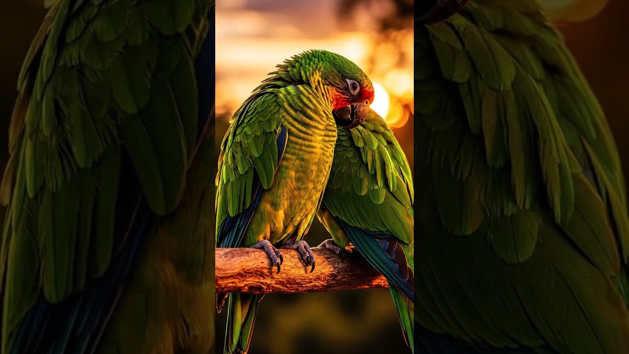 A pair of adult Amazon birds huddled together at sunset  