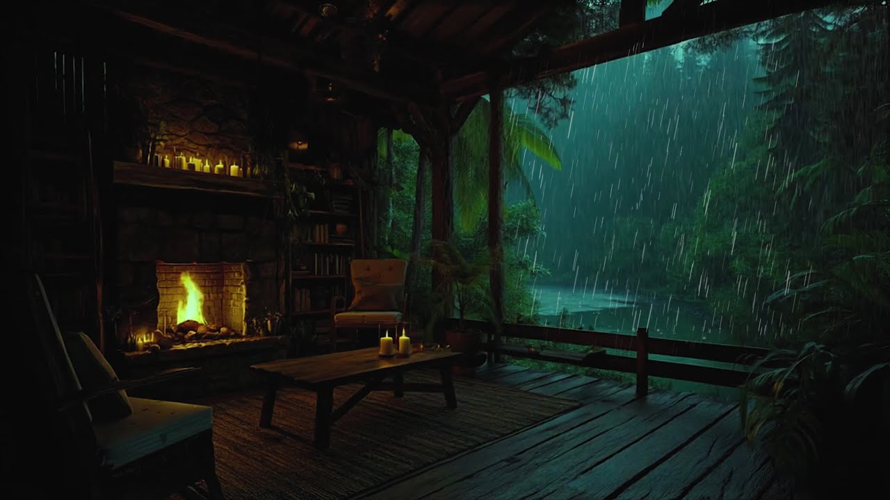 Feel Relaxed & Calm with Rain & Fire Place In Cozy Wooden Cabin 🛖  Discover Peaceful Sleep with Rain
