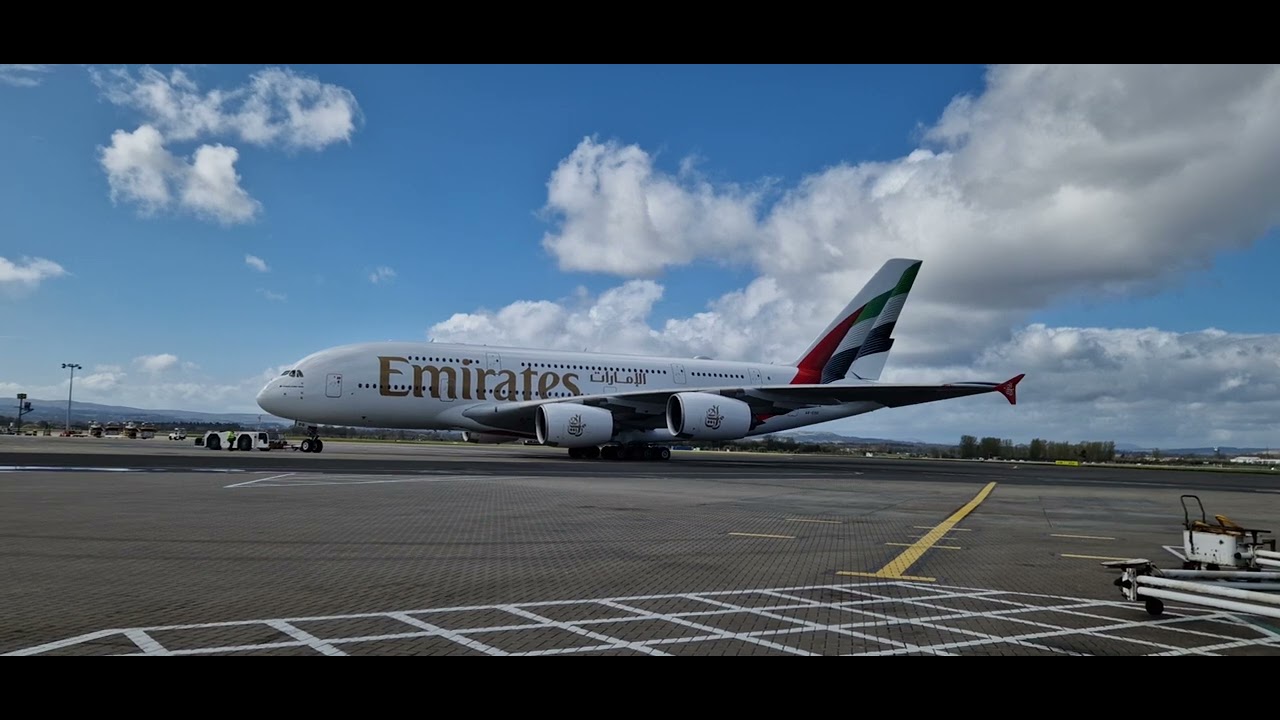 Emirates A380 new livery pushback at Glasgow Airport 10/04/2023