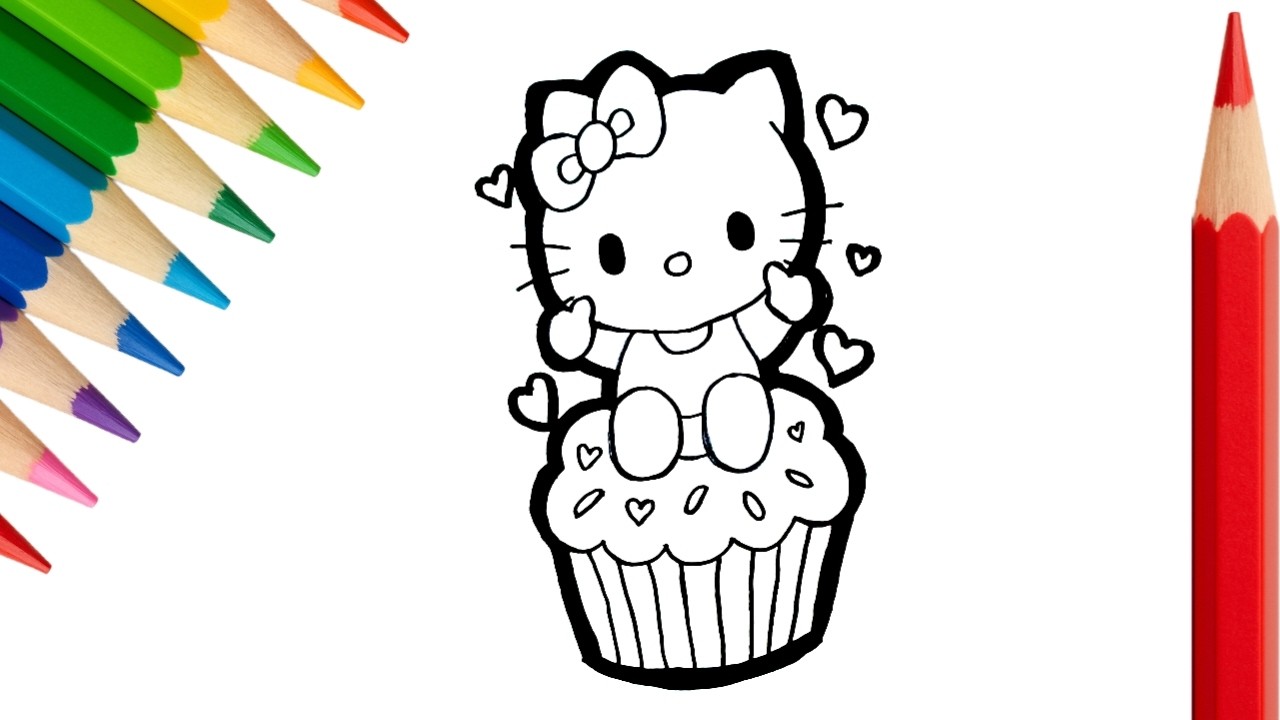 Vẽ Và Tô Màu Hello Kitty Ngồi Trên Bánh Kem Ngon Tuyệt | Kinder Bé Tô Màu