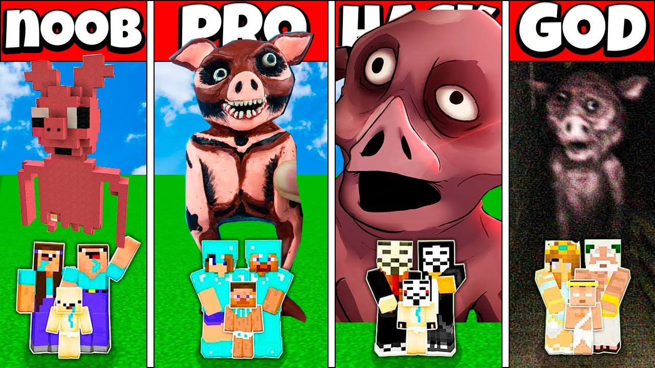 Minecraft Battle FAMILY GHOST PIG BUILD HOUSE CHALLENGE NOOB vs PRO vs HACKER vs GOD Animation