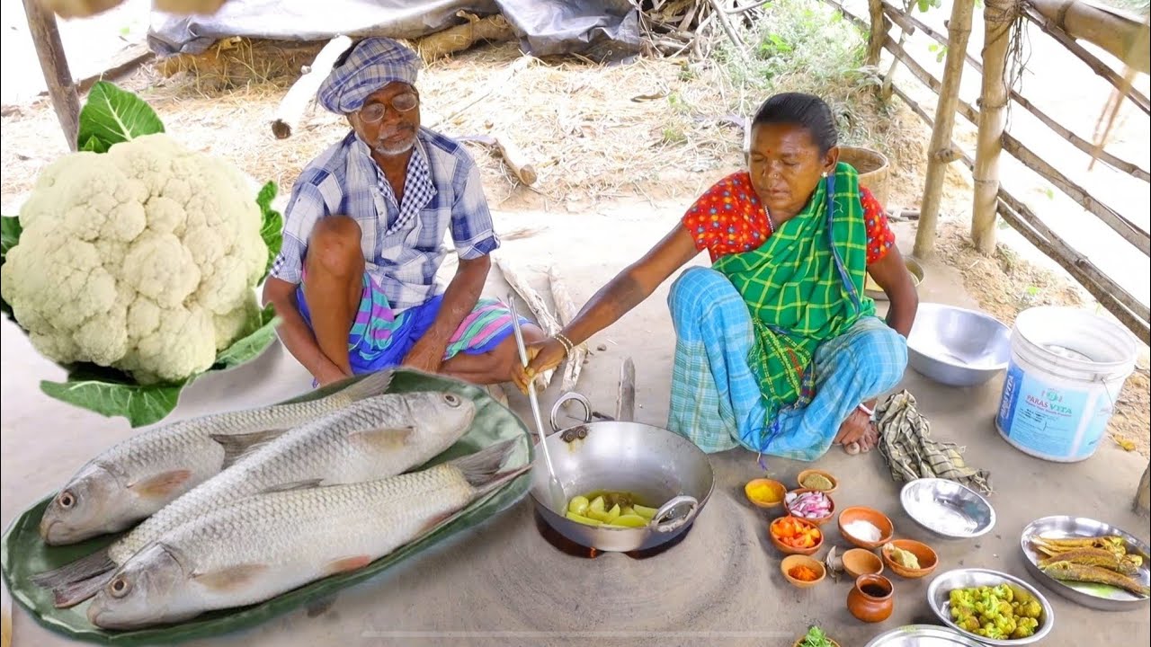 SMALL FISH curry with CAULIFLOWER cooking&eating by our santali tribe couple || fish curry recipe