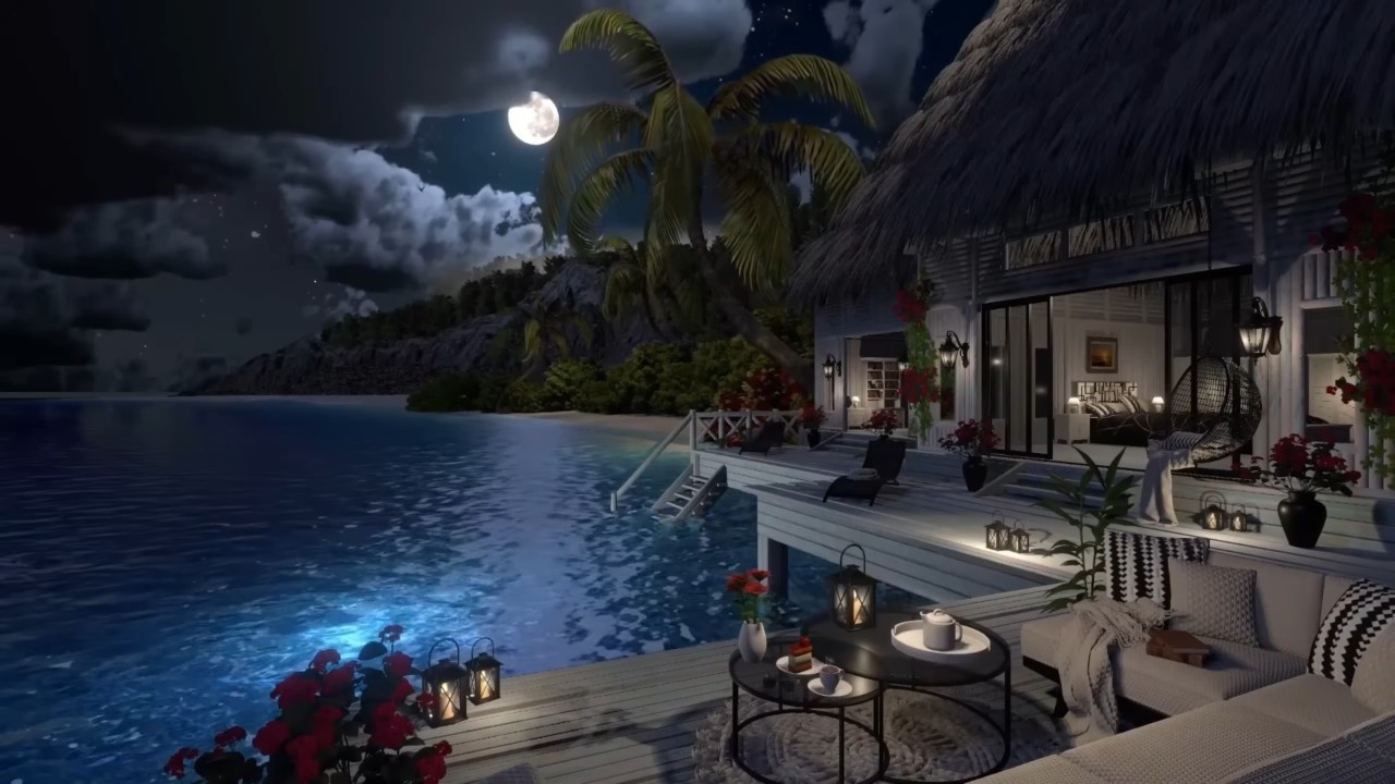 Maldives Beach Hut Night Ambience | Ocean Waves & Tropical Nature Sounds