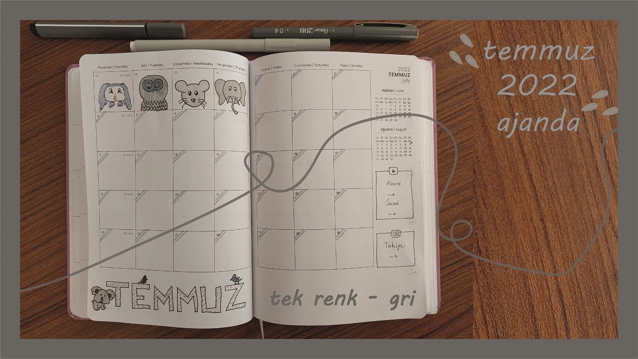 TEMMUZ 2022 PLANLAYICI | Bullet Journal | Tek renk gri | Youna