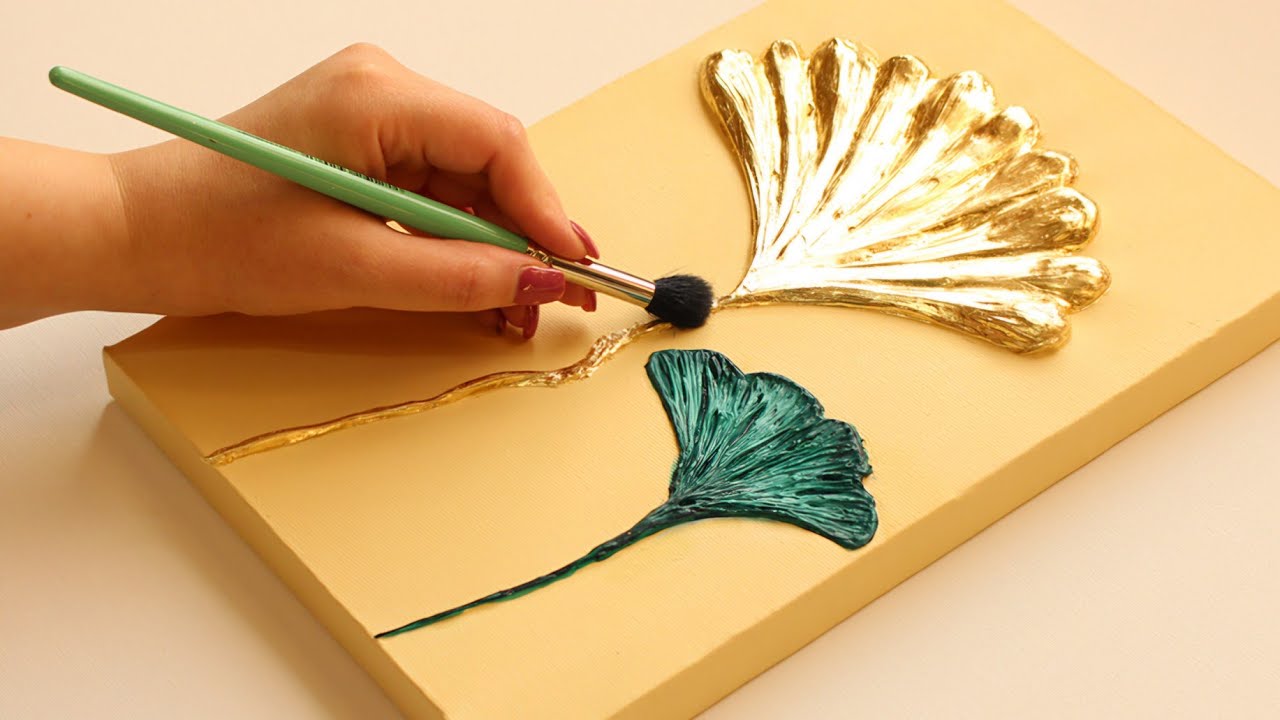 How To Paint Ginkgo Leaves Painting With Texture and Gold Leaf | Gold Leaf Painting Tutorial