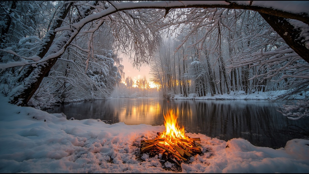 Winter Campfire by the River 🌅 Crackling Fire and Calm Snowy Landscape
