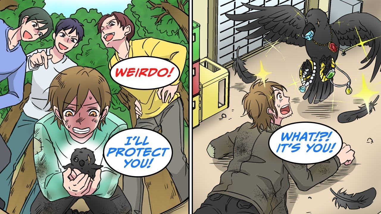 A lonely boy with no friends helps an injured  baby crow    15 years later Manga Dub