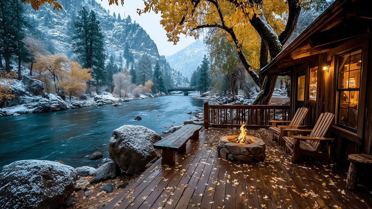 Forest River Porch Retreat | Autumn Winter Snowfall firepit & Nature Sounds