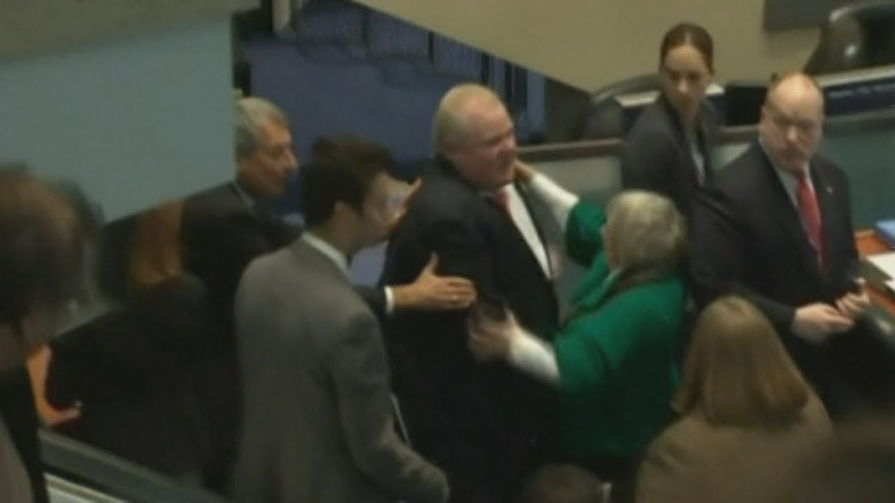 Toronto Mayor Rob Ford knocks councillor over after being heckled