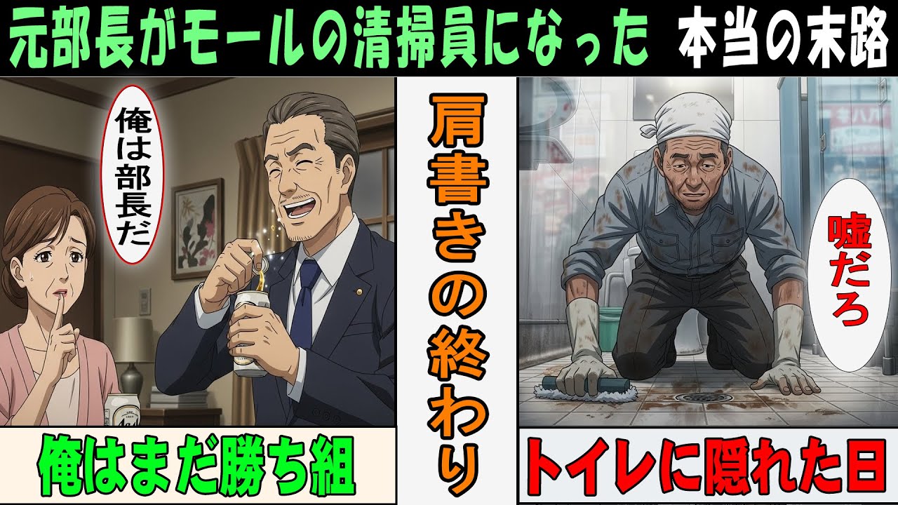 【漫画】元部長がショッピングモールの清掃員になるとどうなるのか？娘夫婦に遭遇しトイレに隠れる…