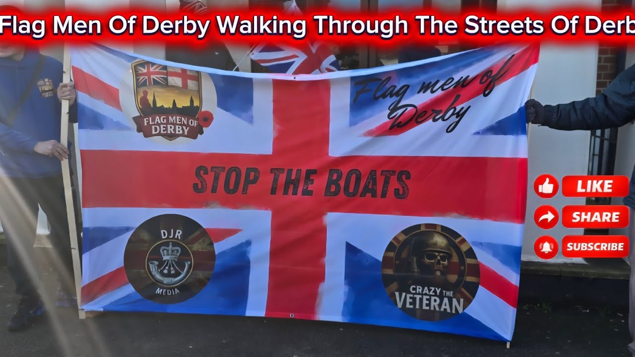 Flag Men Of Derby March Threw Derby Town Centre To The Midland Hotel 4k Drone Footage 