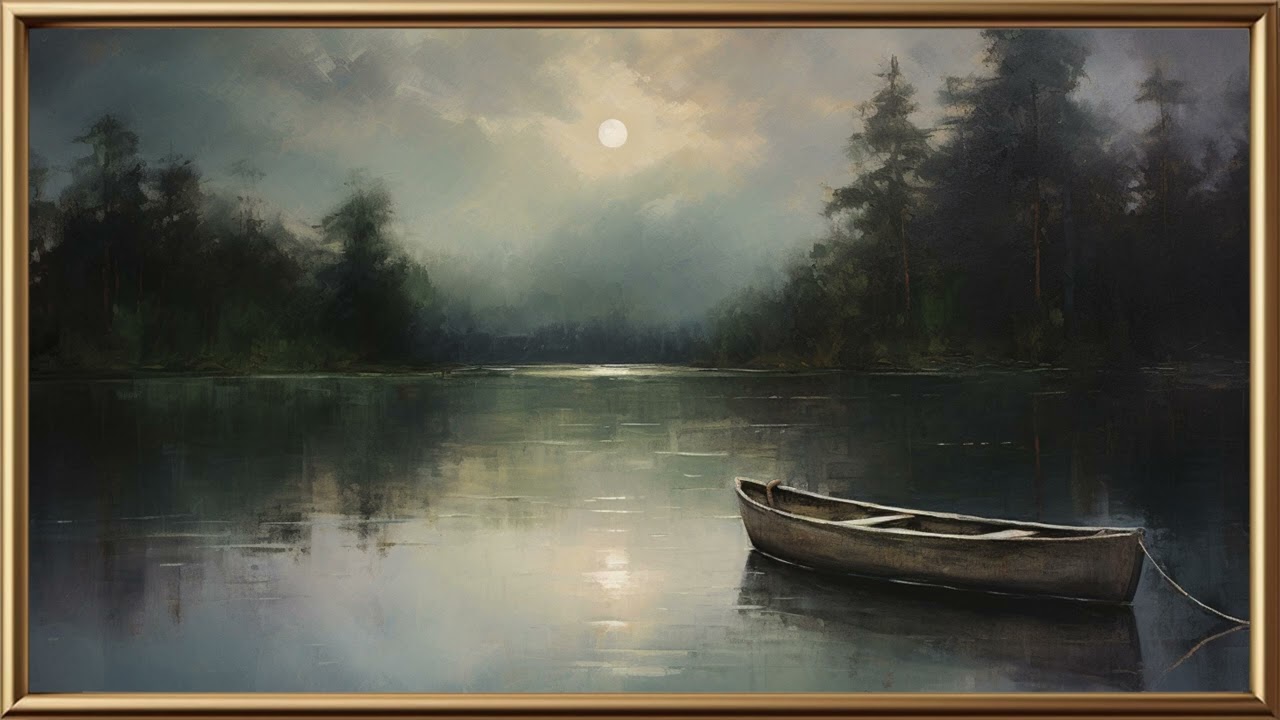 Vintage Moonlit on the Lake Slideshow | Gold Framed TV Art | Art Screensaver for TV | 4 Scenes - 2Hs