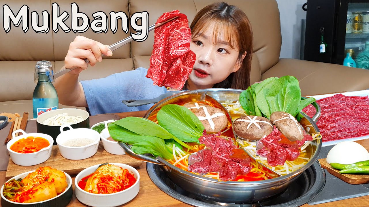 Sub)Real Mukbang- Как съесть 4 блюда из одной кастрюли 🍲 Острое и мягкое говяжье шабу-шабу 🥩 ASMR