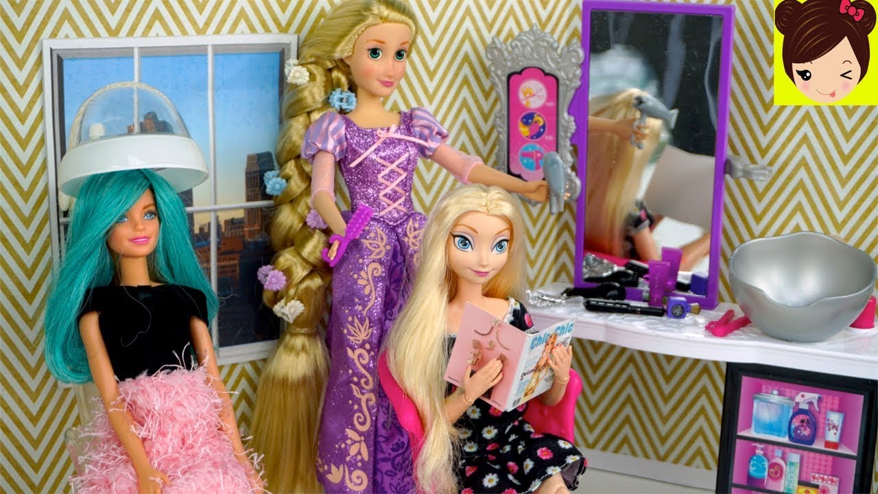 Barbie Rapunzel Peluqueria - Peinando y Cortando el Cabello de Muñecas Frozen Elsa