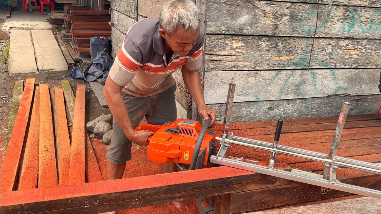 Red Meranti‼️ Perpaduan chainsaw mill dan chainsaw husqvarna 395xp membelah balok dan papan