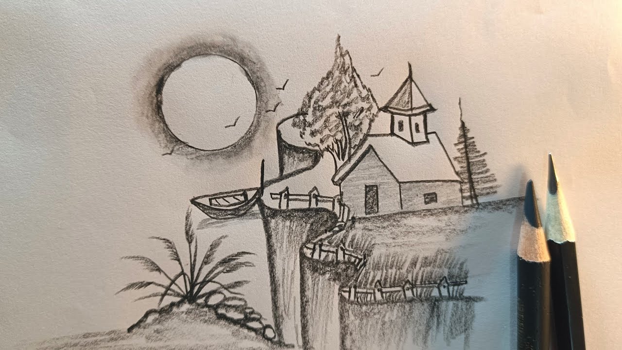 How to draw sketching 3d mountains natural scenery #art #3d #villagedrawing 