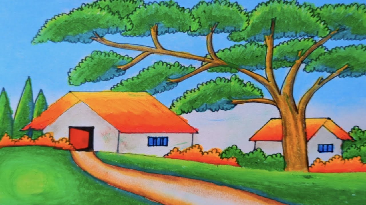 How to Draw Easy Village Landscape Drawing with Oil Pastels | Simple Scenery Drawing Step by Step
