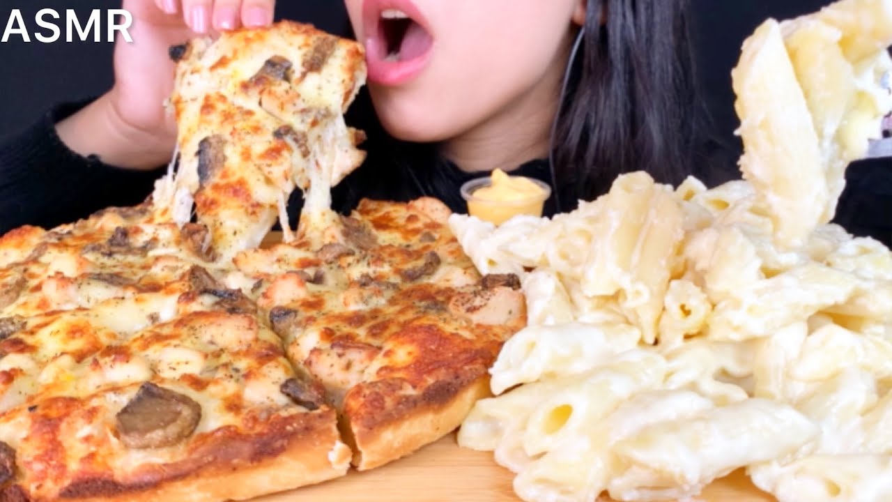 ASMR Domino's pizza Chicken Alfredo + Alfredo pasta | Mukbang (Eating Sounds)