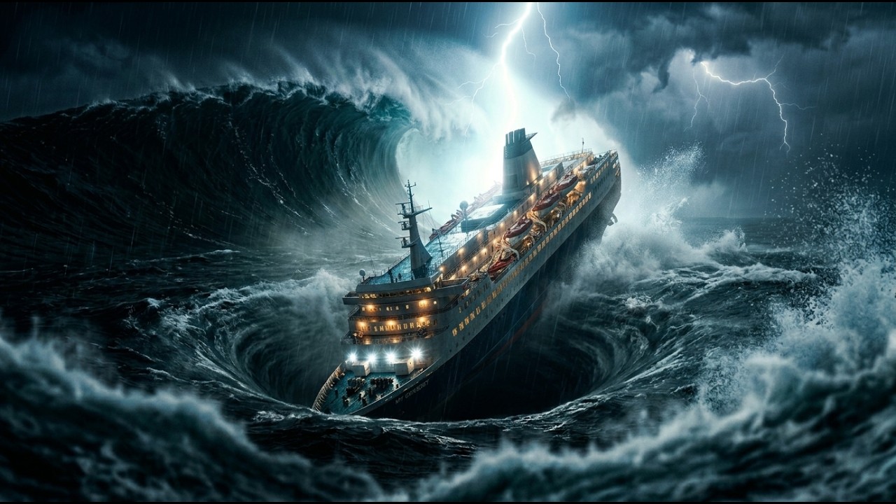 Największe fale tsunami w historii | Zniszczenie ogromnego promu podczas nocnej burzy (AI VFX 8K)