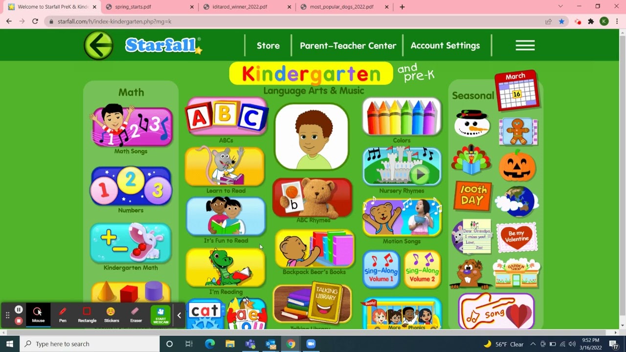 Class Meeting: 3/16/22 Starfall Music/March Calendar/