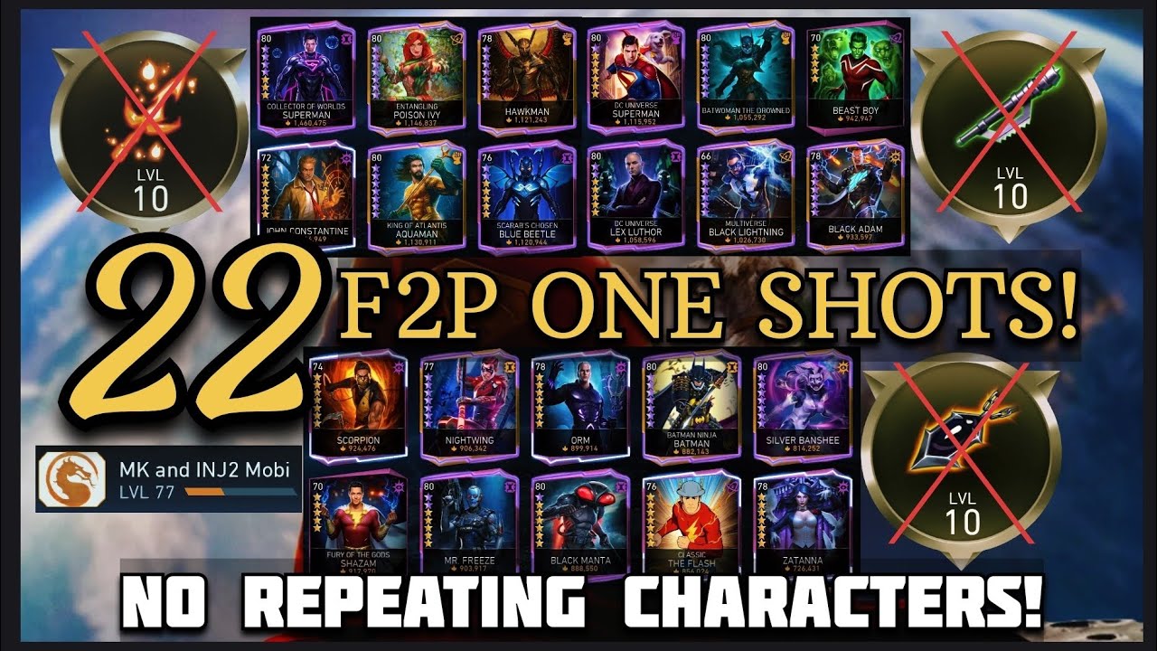 22 F2P ONE SHOTS!🔥 NO Repeating Characters H7 Solo Raid in Injustice 2 Mobile 6.6.1 Gameplay +Build!