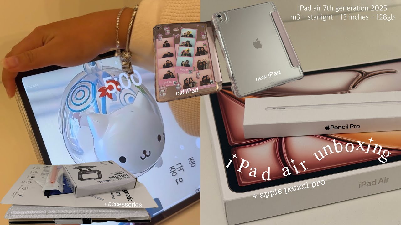 🍎unboxing iPad air 7th gen. (m3 2025) starlight - 13inch⋆˙⟡ aesthetic, apple pencil pro, accessories