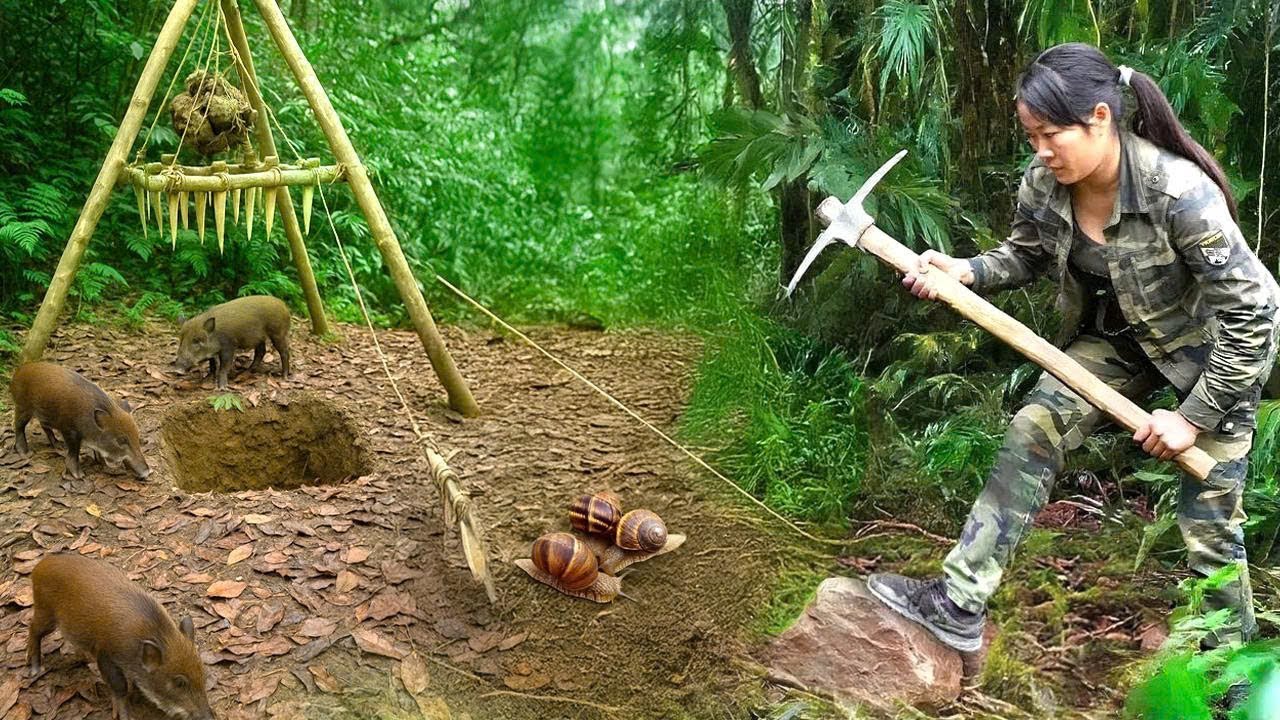 365 Days Tracking Wild Boar Traces | Sharp Bamboo Trap, Bushcraft & Survival | Survival With Her
